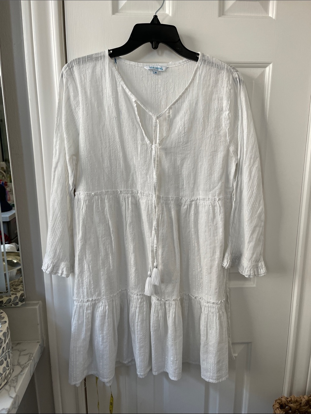blue island White Tiered Tassel Gauze Swim Cover